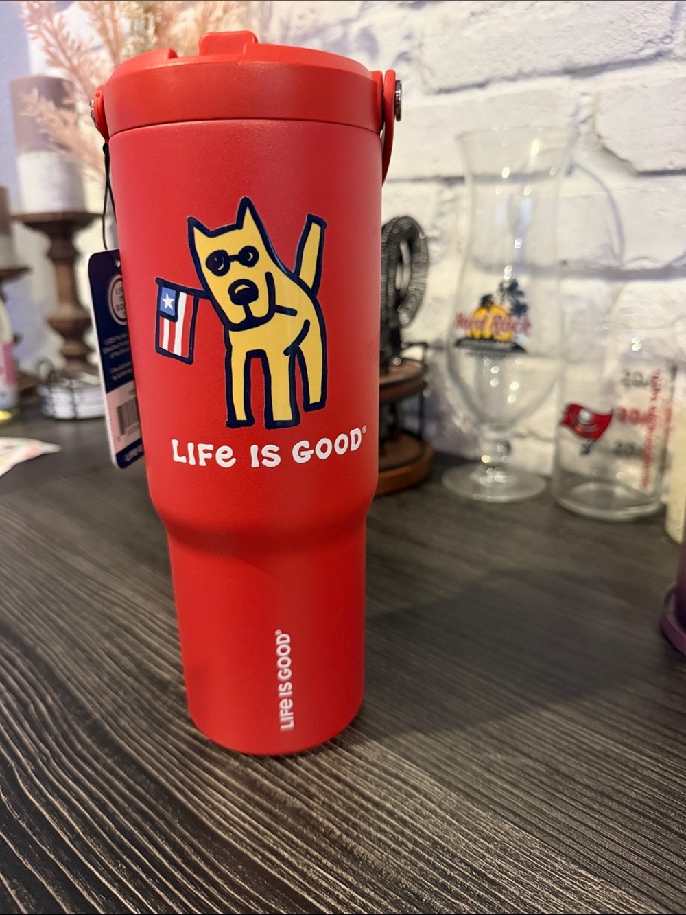 Life Is Good Red Tumbler with Yellow Dog Graphic
